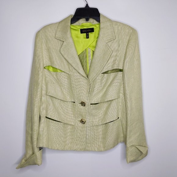 Escada Blazer 44 14 XL Green Tweed Linen Wool Cuto - Picture 2 of 8
